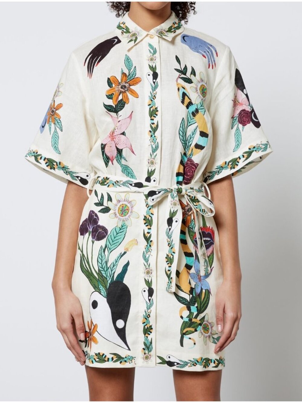Alemais Meagan Mini Shirt Dress Floral Ivory White Heart Yin Yang Belted AU 10